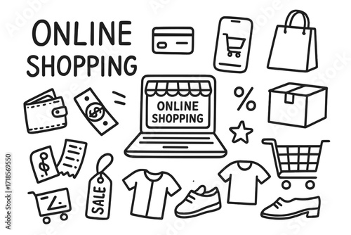 Online Shopping Icons. Hand-drawn doodle illustration Online shopping craze [laptop, smartphone, shopping bag, delivery box, cart, wallet, credit card, cash,