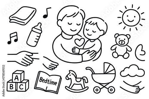 Parent-Child Doodle Art. Hand-drawn doodle illustration Parent and child bond [parent holding child, heart between, lullaby note, baby bottle, teddy bear,