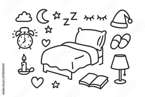 Restful Night Symbols. Hand-drawn doodle illustration Restful night bed, pillow, blanket, closed eyes, Zzz letters, alarm clock, moon, stars, cloud, nightcap,