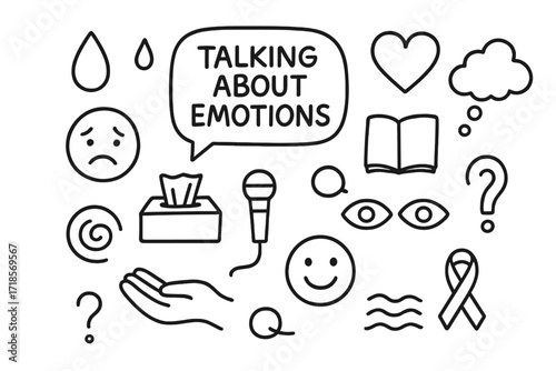Emotional Icons Doodle. Hand-drawn doodle illustration Talking about emotions [chat bubble, tear drop, heart icon, thinking cloud, sad face, happy face, tissue