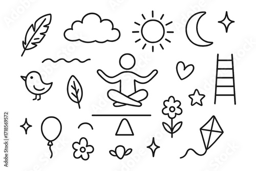 Surreal Balance Doodle. Hand-drawn doodle illustration levitation and balance feather, cloud, sun, moon, star, person figure, wave line, ladder, bird, leaf,