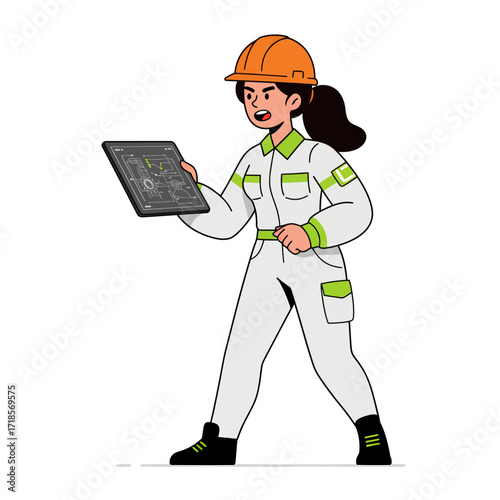 A determined female engineer in a hard hat and jumpsuit holds a tablet displaying technical data.