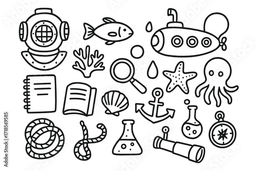 Underwater Exploration Icons. Hand-drawn doodle illustration Underwater scientific exploration [diver helmet, submarine, fish, coral, notebook, magnifying