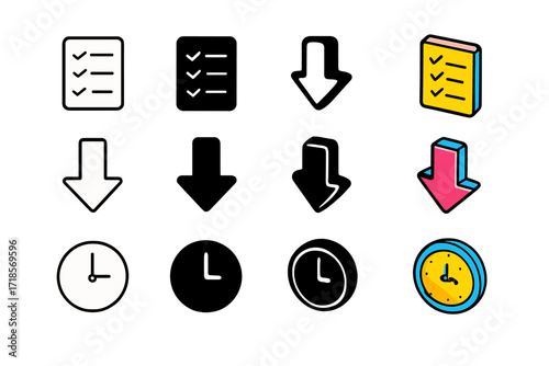 Colorful Isometric Icons. Icon Set of Low Priority: Checklist, Down arrow, Clock. Icons set in vector style, emblematic variations. Checklist line, Checklist