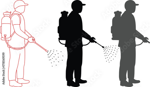 Silhouette worker spraying pesticide with backpack sprayer, agriculture pest control illustration, farming tool, garden insecticide, outdoor chemical spray safety equipment.