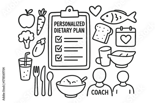 Dietary Plan Doodles. Hand-drawn doodle illustration Personalized dietary plan [clipboard, checklist, apple, carrot, broccoli, fish, bread slice, bowl,