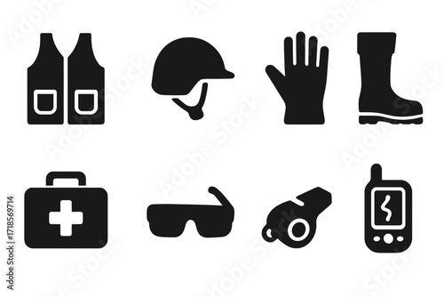 Hunting Safety Icons. Solid, filled icon set of hunting safety gear: vest, helmet, gloves, boots, first aid kit, safety glasses, whistle, GPS device. Solid,