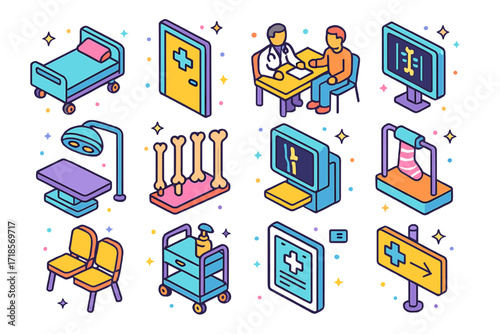 Orthopedic Department Icons. Colorful isometric vector icons set of calming nature scenes: forest path, mountain reflection, calm river, open meadow, beach