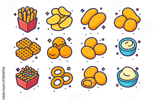 Colorful Potato Snack Icons. Colorful isometric vector icons set of Potato snacks: crinkle fries, kettle chips, curly fries, potato croquettes, waffle fries,