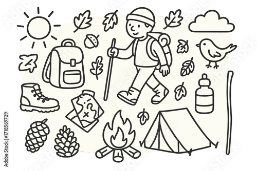 Outdoor Adventure Doodles. Hand-drawn doodle illustration Outdoor activities like hiking in the fall, backpack, hiking boots, map, compass, water bottle,