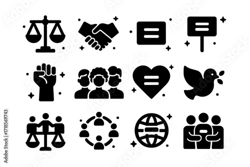 Equality Icon Set. Social Equality. Solid icons set of justice scale, handshake, equality symbol, protest sign, raised fist, diverse group, heart with equal