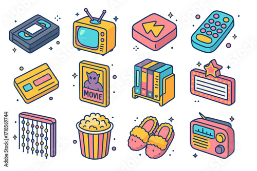 Nostalgic Movie Icons. Colorful isometric vector icons set of nostalgic movie night elements: VHS tape, old tube TV, rewind button, remote with big buttons,