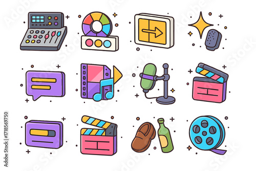 Post-Production Icon Set. Colorful isometric vector icons set of post-production process: editing console, color grading palette, sound mixer, visual effects