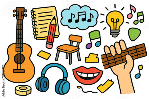 Creative Songwriting Doodles. Colorful Hand-drawn doodle Children illustration Guitar Songwriting notebook, pencil, guitar, melody line, cloud bubble, music
