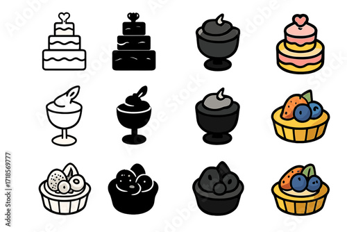 Dessert Icon Set. Icon Set of Grand Dessert Finale: Tiered cake, Chocolate mousse, Fruit tart. Icons set in vector style, emblematic variations. Tiered cake