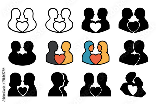 Couple Silhouette Logos. Set Logo of Long-Term Partnership: Couple Silhouette with Shared Heart. Logo set in vector style, emblematic variations. line, bold