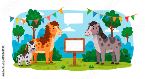 Cartoon animals interacting with a blank sign in a festive park