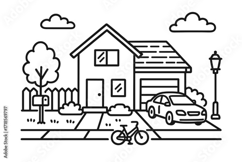 Modern House Doodle. Hand-drawn doodle illustration [dark exterior architecture] [modern house, roof, windows, door, garage, driveway, fence, tree, lamp post,