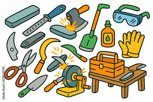 Garden Tool Doodle. Colorful Hand-drawn doodle Children illustration Sharpening garden tools whetstone, sharpening file, axe, hoe, sickle, blade, scissors,