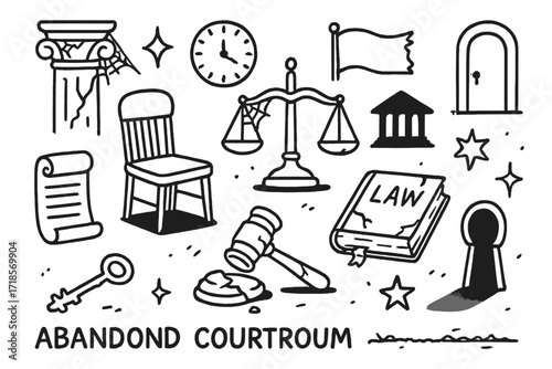 Abandoned Courtroom Doodles. Hand-drawn doodle illustration Abandoned courtroom [empty chair, broken gavel, torn law book, cracked column, cobweb, scales of