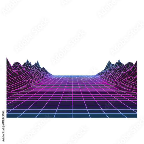 A retro-style digital landscape featuring a grid-like surface and mountainous outlines, rendered in vibrant neon colors.