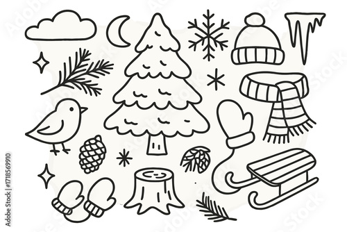 Winter Pine Doodle. Hand-drawn doodle illustration Winter Pine [snow-covered pine tree, snowflake, branch, pine cone, cloud, moon, star, stump, mittens, scarf,
