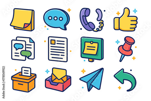 Office Communication Icons. Colorful isometric vector icons set of Office team communication: sticky note, office chat bubble, intercom phone, emoji thumbs up,