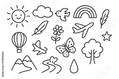 Morning Sky Doodles. Hand-drawn doodle illustration Morning sky sun, cloud, bird, rainbow, airplane, feather, hot air balloon, mountain, flower, butterfly,