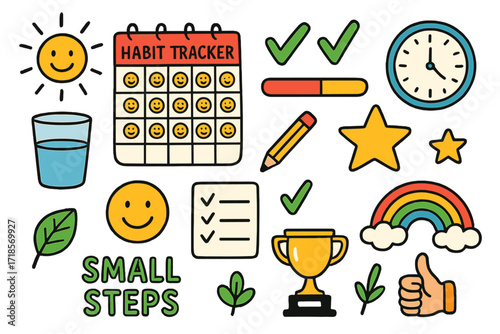 Kids' Habit Tracker Icons. Colorful Hand-drawn doodle Children illustration Habit tracker smiley calendar, water glass, checkmarks, progress bar, reward star,