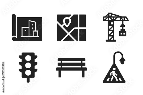 Urban Planning Icons. Solid, filled icon set of urban project planning: blueprint, city map, construction crane, skyscraper, traffic light, park bench,