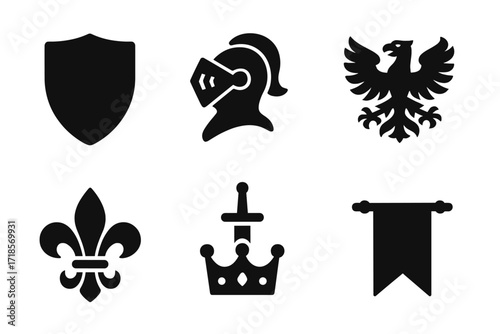 Heraldic Icon Collection. Solid, filled icon set of coat of arms elements: shield, helmet, lion, eagle, fleur-de-lis, crown, sword, banner. Solid, filled icons