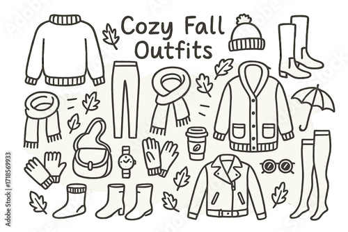 Cozy Fall Doodles. Hand-drawn doodle illustration [Cozy fall outfits] [sweater, leggings, boots, scarf, hat, cardigan, gloves, bag, coffee cup, leaves,