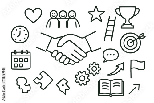 Trust Doodle Elements. Hand-drawn doodle illustration trust building handshake, group of people, heart, star, ladder, target, calendar, clock, puzzle piece,
