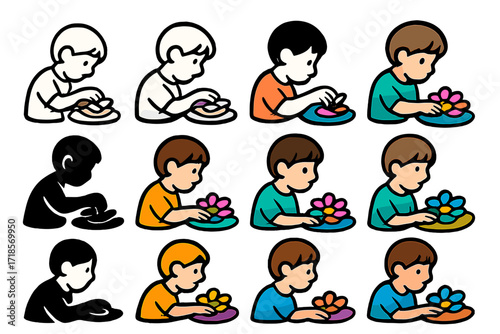 Tissue Flower Logo Montage. Set Logo of Kids Making Tissue Paper Flowers: Close-up of flower layering process. Logo set in vector style, emblematic variations.