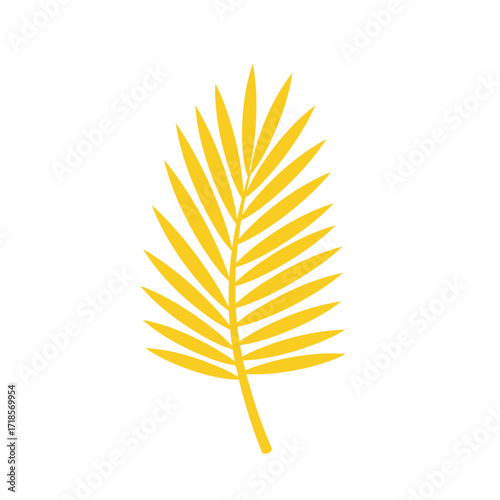 A simple, stylized illustration of a single yellow tropical palm frond isolated on a white background.