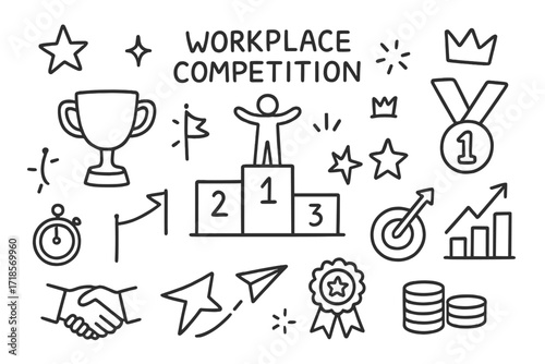 Workplace Competition Icons. Hand-drawn doodle illustration Workplace competition leaderboard, trophy, medal, crown, star, spark, flag, stopwatch, target,