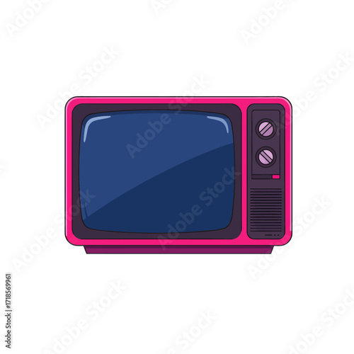 An illustration of a vintage pink television set featuring a dark blue screen and classic control dials.
