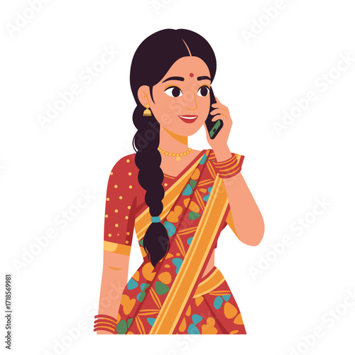 Illustration of a smiling woman in a traditional sari, holding a smartphone to her ear, seemingly engaged in a phone call.