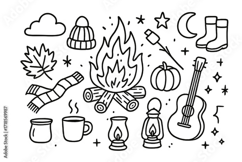 Autumn Bonfire Doodle. Hand-drawn doodle illustration Autumn bonfire [bonfire flames, logs, leaf, pumpkin, cloud, star, moon, boots, hat, scarf, marshmallow on