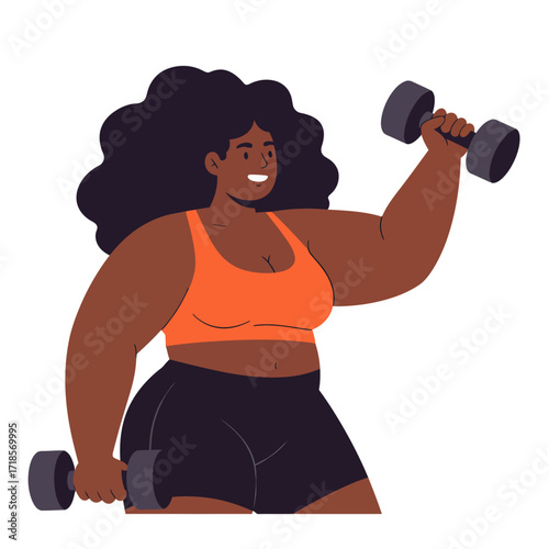 Smiling plus-size woman exercising with dumbbells, a healthy lifestyle illustration.