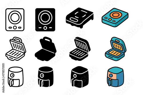 Portable Cooking Icons. Icon Set of Portable Cooking Appliances: Induction cooktop, Sandwich maker, Air fryer. Icons set in vector style, emblematic