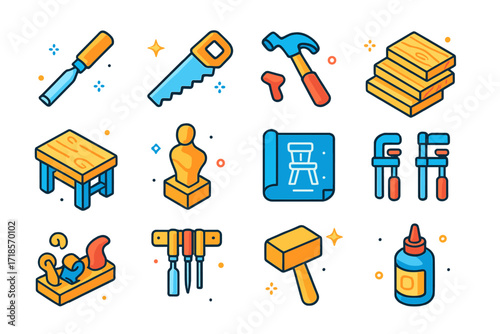 Woodworking Icons Collection. Colorful isometric vector icons set of woodworking mastery: chisel, hand saw, hammer, wood planks, carving bench,