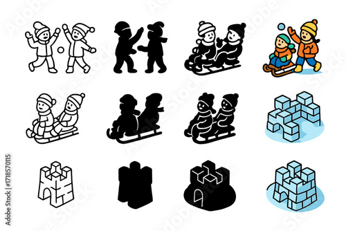 Winter Fun Icons. Icon Set of Winter fun: kids throwing snow, sled with friends, snow fort. Icons set in vector style, emblematic variations. Kids throwing