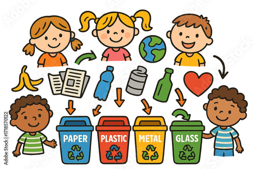 Recycling Doodle Fun. Colorful Hand-drawn doodle Children illustration Sorting recyclable items paper, plastic, metal, glass, bin labels, arrows, bottle, tin