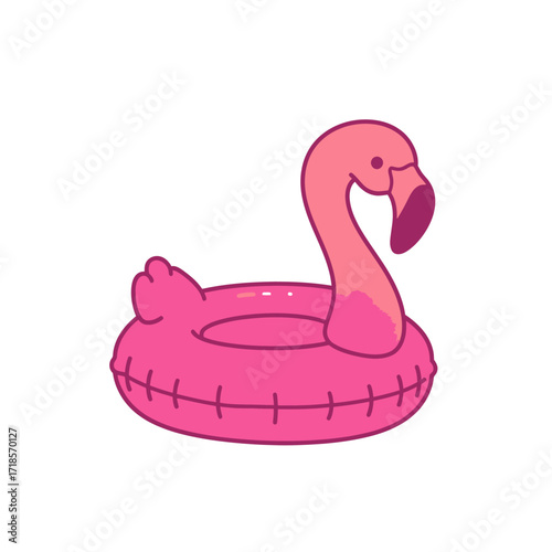 A vibrant pink flamingo-shaped inflatable swimming ring, perfect for summer pool activities and water fun.