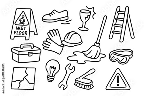 Home Safety Doodles. Hand-drawn doodle illustration home accident prevention wet floor sign, slippery shoes, broken glass, ladder, toolbox, gloves, helmet,