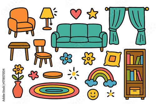 Doodle Interior Elements. Colorful Hand-drawn doodle Children illustration Interior Design Basics [sofa, chair, table, lamp, rug, vase, curtain, cushion,