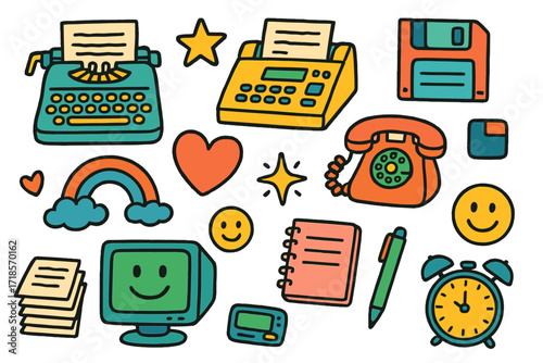Retro Office Doodles. Colorful Hand-drawn doodle Children illustration Vintage Office Tech [typewriter, fax machine, floppy disk, rotary phone, pager, paper