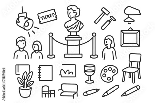 Art Exhibition Sketch. Hand-drawn doodle illustration sculpture exhibition statue, pedestal, chisel, hammer, spotlight, ticket, rope barrier, people figures,