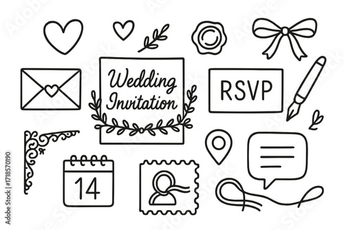 Wedding Invitation Icons. Hand-drawn doodle illustration Wedding Invitation envelope, card, heart, floral border, RSVP, pen, wax seal, calendar, stamp, ribbon,